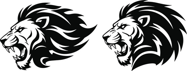 Stylized black and white vector illustration of lion head profiles, bold mane lines and fierce expressions symbolizing strength and aggression © Hafeza