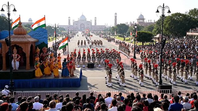 Vibrant Indian Republic Day parade with marching soldiers and cultural performers