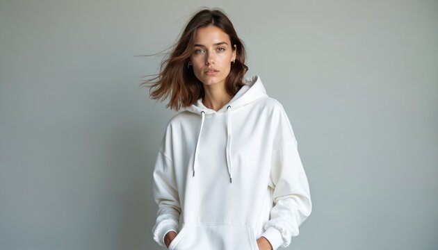 Young woman in loose white hoodie stands indoors against neutral grey backdrop. She wears minimal jewelry. Her casual style is modern and clean, perfect for fashion blogs or urban lifestyle content.