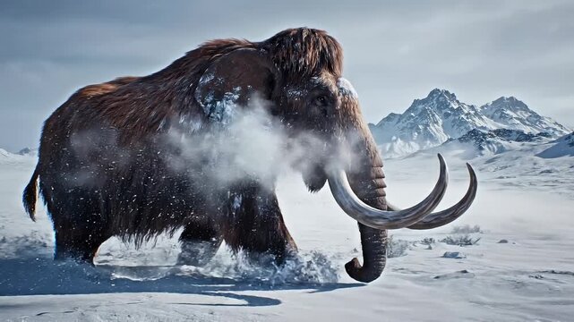 Prehistoric woolly mammoth walking through snowy mountains