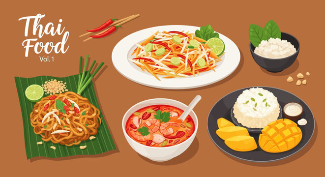 Thai Food Illustration Poster &ndash; Pad Thai, Tom Yum, Som Tam and Mango Sticky Rice Vector Art