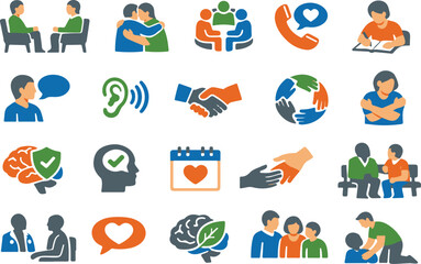 Fototapeta premium Comprehensive Mental Health, Therapy, and Support Icon Set: Flat Vector Illustrations for Counseling, Communication, Empathy, and Psychological Well-being Services and Awareness.
