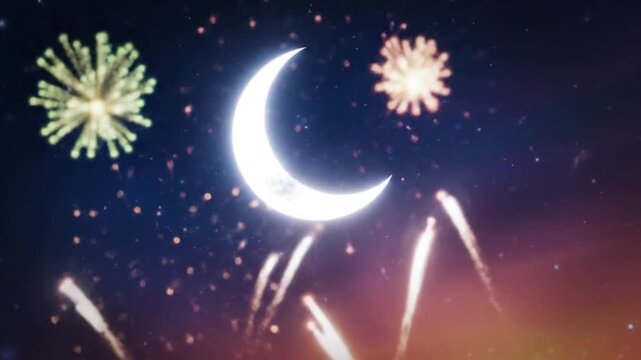 A stunning video of fireworks exploding near the crescent moon at night eid ul fitar moon