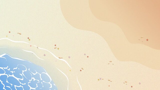 Animated 2D top view beach background in flat vector style with moving ocean waves, sandy shore, scattered starfish and small stones, ideal for summer, vacation, travel, tourism themes with copy space