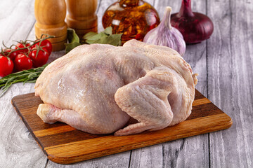 Raw whole chicken over board