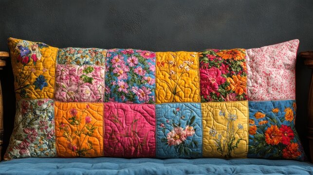 Colorful patchwork cushion with floral designs brightening a cozy living space