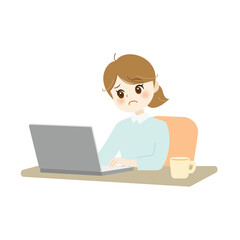 ノートパソコンの前で困った表情の女性