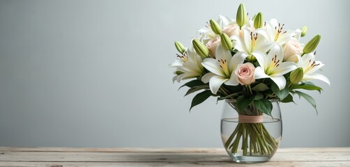 Elegant bouquet of white lilies and pale pink roses in glass vase. Tied with ribbon. Suitable for sympathy, memorial, or funeral tributes. Offers peaceful and solemn atmosphere. © Maryna