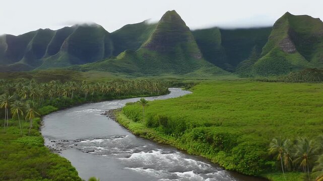 Lush tropical valley featuring a winding river and dramatic green mountains under a cloudy sky.