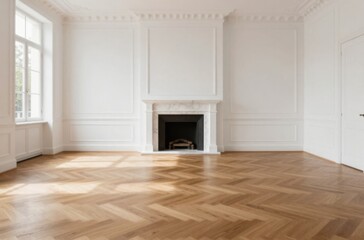 Naklejka premium Elegant Empty Room with Herringbone Wood Flooring and Fireplace Ready for Interior Design