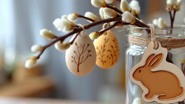 Easter festival eco friendly wooden ornament rabbit egg decor hanging on pussy willow branch beside glass jar and vase with natural twine, rustic warm spring home interior holiday mood