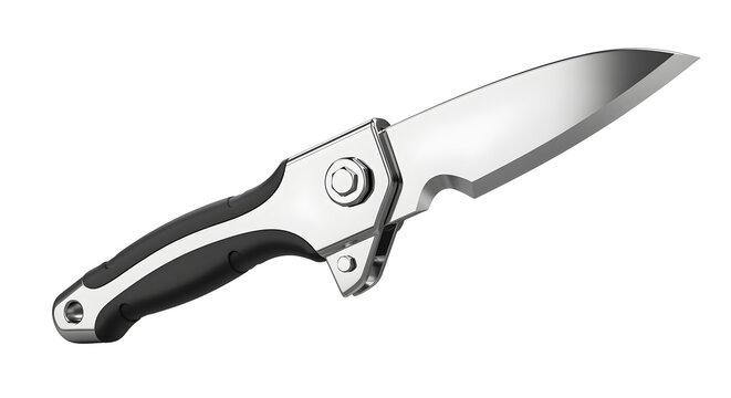 Tactical folding pocket knife with sharp steel blade isolated on white background