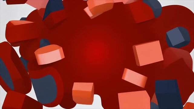 Abstract digital composition featuring scattered coral and navy blue geometric shapes against a vibrant red gradient.
