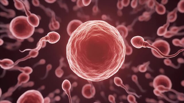 Microscopic view of numerous red sperm cells surrounding a central ovum.