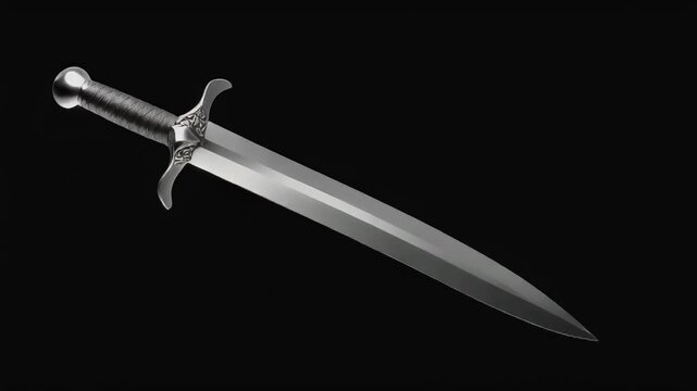 A finely crafted, stylized medieval dagger or short sword with a polished blade and ornate hilt against a dark background.