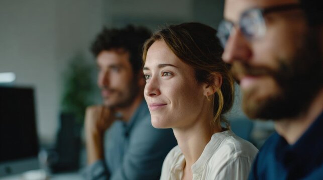 Group of three people, two men and a woman, sitting in front of a computer monitor in an office.