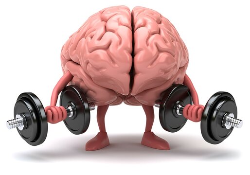 A pink brain with arms and legs lifting dumbbells  human brain exercising with weights