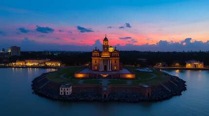 Aerial footage of the Santuario de San Pedro Claver in Cartagena, Colombia at dusk