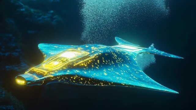 Glowing stingray shaped submarine purifying the ocean floor while exploring deep marine environments