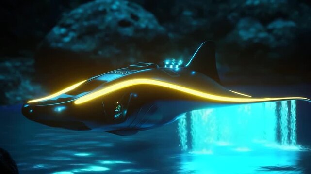 Glowing stingray shaped submarine purifying the ocean floor while exploring deep marine environments