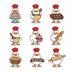 Fototapeta premium Cute Kawaii Duck Chef Character Set. Funny White Duck Baker Mascot with Various Activities like Baking Cake, Cookies, Bread, and Mixing Dough. Vector Sticker Pack for Bakery and Kids Design.