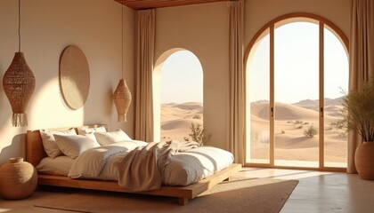 Fototapeta premium Bedroom with wooden bed and dune view. Natural light fills beige room with rattan lamps. Arched window shows desert landscape. Peaceful oasis resort style interior.