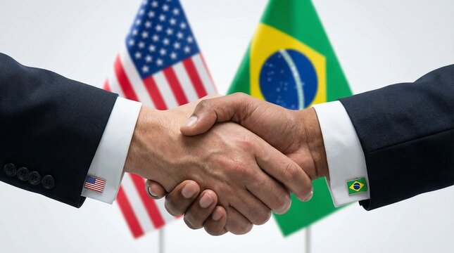Business professionals agree on a partnership or deal shaking hands firmly with american and brazilian flags displayed in the background symbolizing international relations or cooperation.