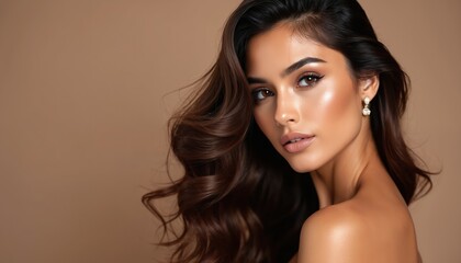 Fototapeta premium Beautiful Latina woman with long wavy hair and natural makeup poses for cosmetic product ad. She has glowing skin and elegant jewelry, ready for skincare campaign.