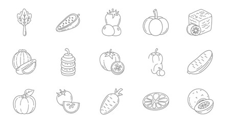 Hand-drawn Vegetable and Fruit Icons: Healthy Food Line Art Collection