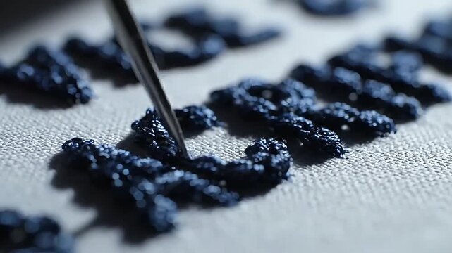 A needle pierces fabric with blue thread in a close-up embroidery scene from a high angle viewpoint, showing intricate stitch work