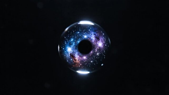 Single luminous water droplet suspended against dark background with faint starry specks