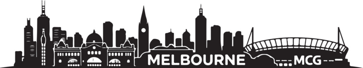 Fototapeta premium Melbourne skyline vector illustration featuring famous urban landmarks