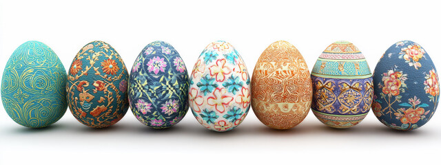 Huevos de pascua pintados a mano de colores con flores y dibujos geom&eacute;tricos sobre fondo blanco