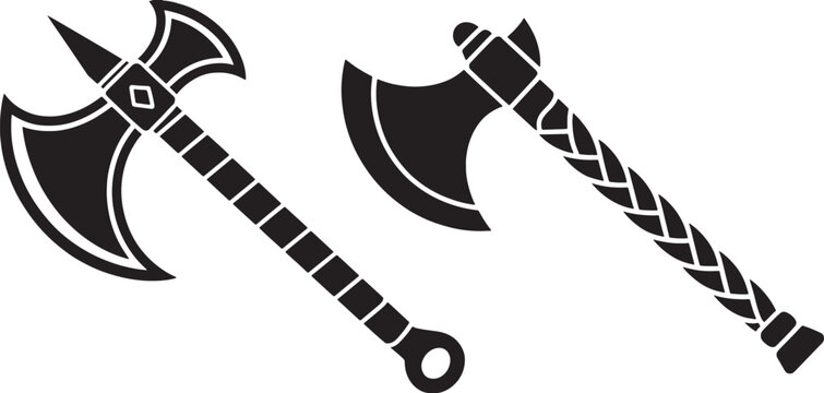 Two black silhouette medieval battle axes with decorative handles on white background