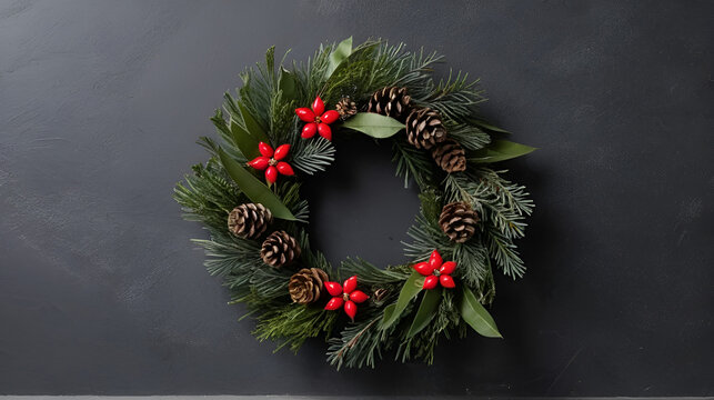 Holiday wreath displayed on dark cement surface