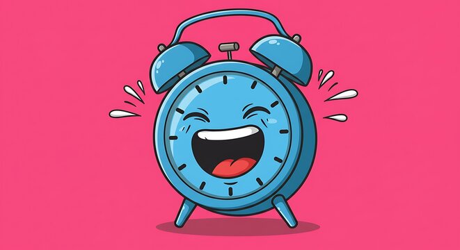 Hysterically Laughing Blue Cartoon Alarm Clock in a Joyful, Vibrant Illustration.
