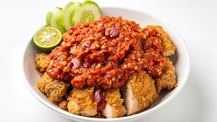 Spicy Indonesian Ayam Geprek Fried Chicken with Sambal and Lime.