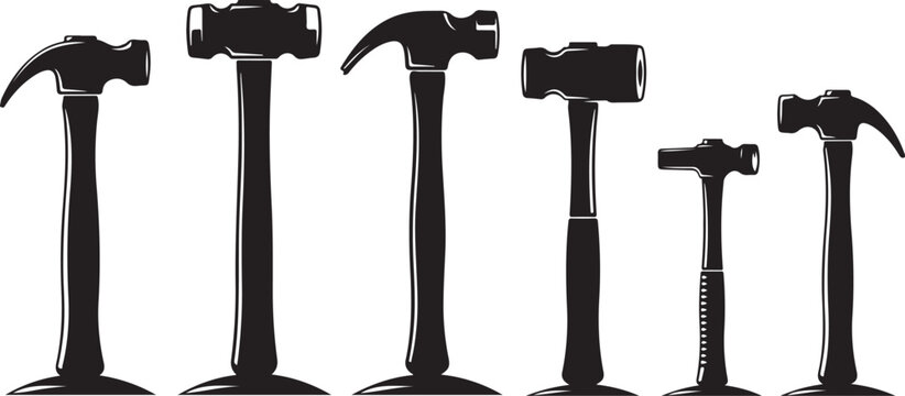 Collection of various black hammers on white background