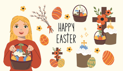 Fototapeta premium Cute Easter set with girl and christianity symbols. For poster, card, scrapbooking , stickers