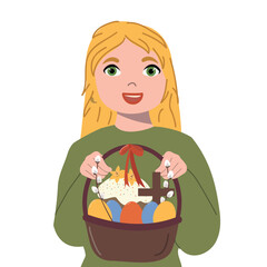 Cartoon girl holding Easter basket. Vector illustration