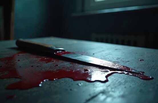 Bloody knife rests on a table with spilled red liquid. The sharp blade lies in a pool of blood, hinting at a crime. Dark background adds to the sinister mood. Fear and menace are palpable.