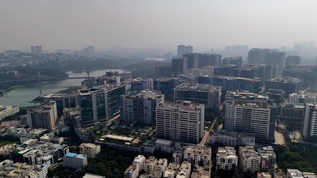 Drone footage of the Durgam Cheruvu Cable Bridge Financial District of New Hyderabad City HITEC City also known as Cyberabad is spread across of land under suburbs of Madhapur, Gachibowli, Kondapur.