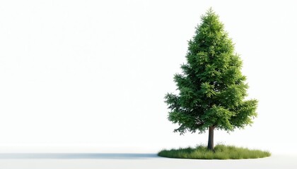 Obraz premium Single tall cedar tree with dense green foliage stands in rich grass. Isolated on a clean white background with subtle shadow, perfect for nature and eco themes. Clean studio shot.
