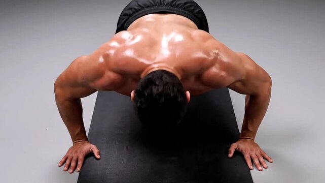 Man doing a push up on a mat, showcasing muscular back and shoulders during a fitness exercise in a gym or workout space