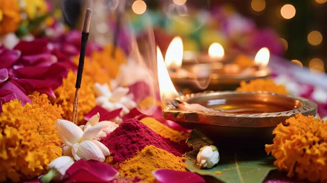 Vibrant extreme macro of sacred Hindu puja offerings at the Mount Abu Summer Festival, Rajasthan, India. Focus on fresh flowers, swirling incense smoke, and the warm golden light of flickering oil lam