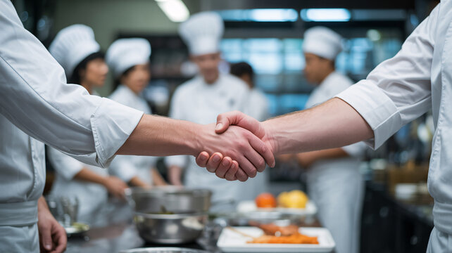 Chefs shaking hands in professional kitchen with colleagues