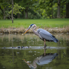 Fototapeta premium one great blue heron standing on the pond inside park searching for fish to catch