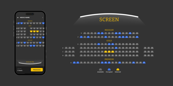 Online Ticket Booking on Smartphone, Mobile App Interface for Movie Theater and Concert Seat Reservation, Digital e-Ticket on Phone Screen Vector Illustration