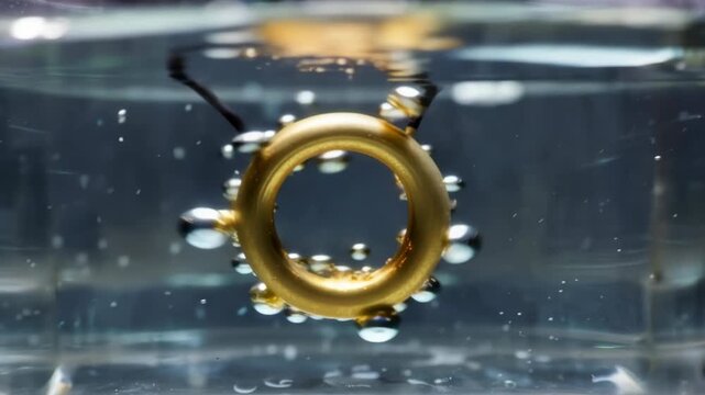 Macro of gold electroplating process of a ring in a chemical laboratory liquid with bubbles
