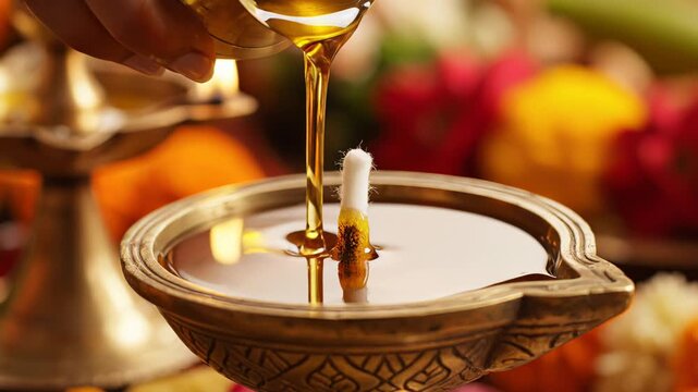 Traditional Indian Puja Lamp Oil Pouring Ritual with Golden Brass Diya and Colorful Flowers Offering Soft Warm Light